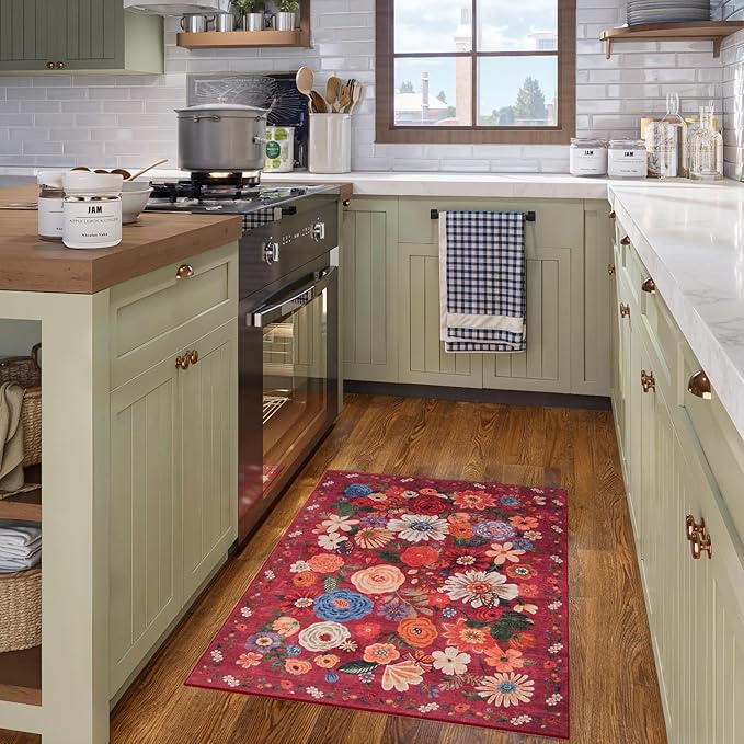 Floral Rug for Entryway, 2x3 Washable Kitchen Mat Ultra-Thin Soft, Non-Slip Indoor Door Carpet Stain Resistant Boho Small Low-Pile Throw for Bathroom Bedroom (2 x 3, Red Garden)