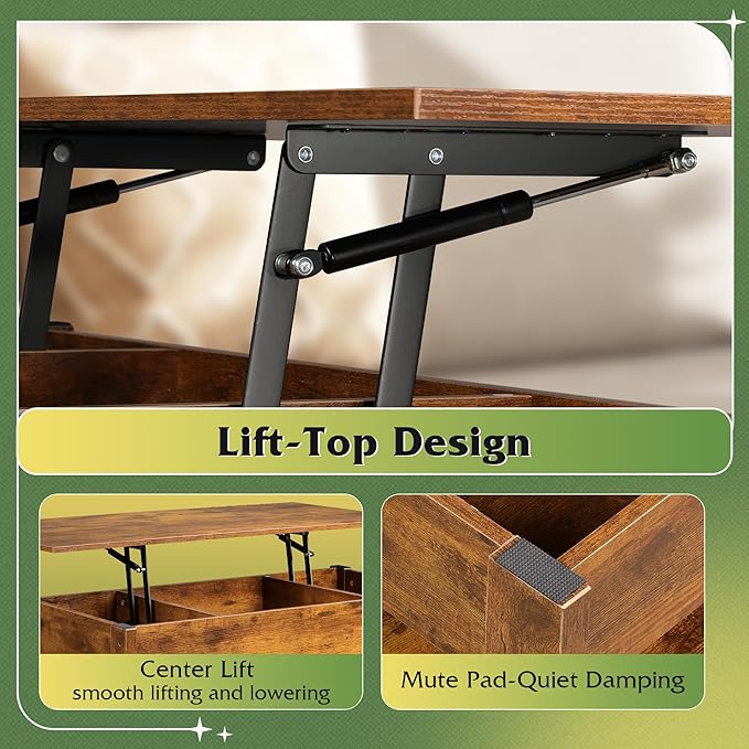 WLIVE Coffee Table, Lift Top Coffee Table with 2 Drawers, LED Light, Large Hidden Compartment and Open Shelf, Lift Tabletop, Dining Table for Living Room, Rustic Brown