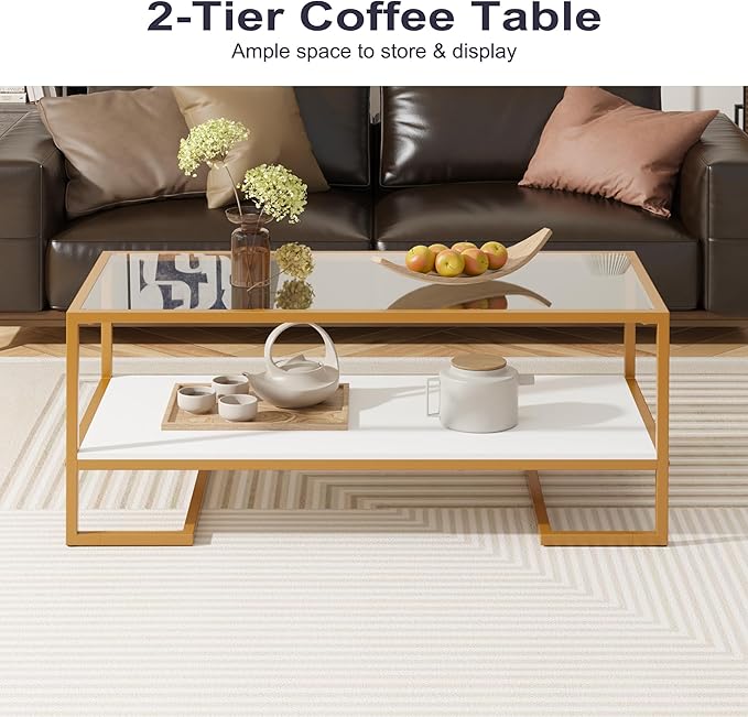 Coffee Table, 2 Tier Tempered Glass Coffee Table, Rectangle Modern Center Table with Metal Frame, Glass Accent Table Open Storage Shelf for Living Room, Office, White