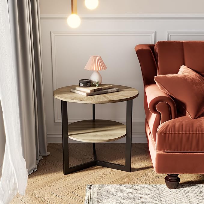 Round End Table with Storage Shelf, 25in Circel Accent Side Table with Metal Legs, 2-Tier Industrial Sofa Side Table for Living Room Bedroom, Yellowish Brown