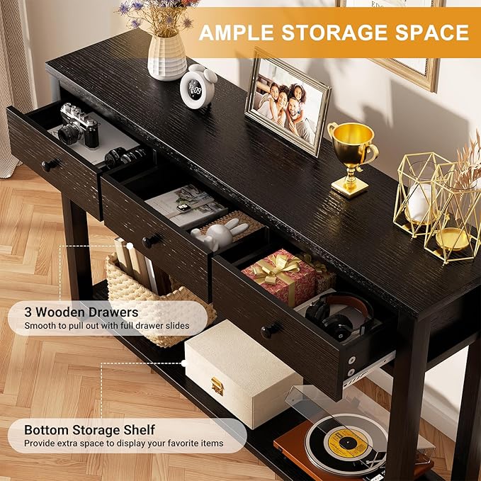 Homieasy Farmhouse Console Table with 3 Drawers, 47 Inch Wood Sofa Table with Storage Shelf for Living Room, Behind Couch, Entryway Table for Hallway, Living Room, or Foyer, Black
