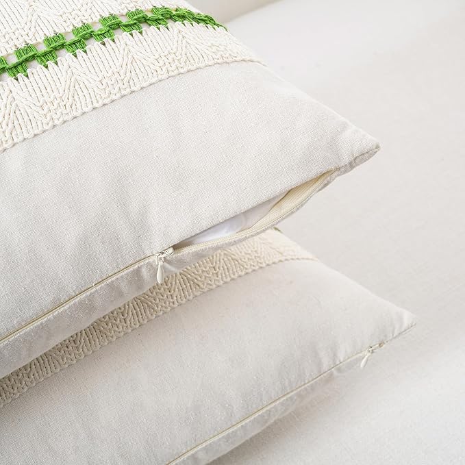 Fancy Homi Set of 2 Boho Lime Green Decorative Throw Pillow Cover 18x18 Inch for Couch Bed Sofa, Aesthetic Modern Organic Farmhouse Home Decor, Soft Cotton Cute Accent Macrame Woven Cushion Case