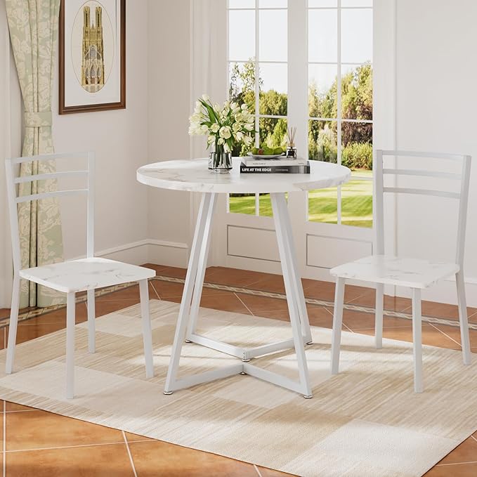 VECELO Small Round Dining Table Set for 2, Wood Tabletop with Strong Metal Frame, Modern Dinette with Chairs for Kitchen, Breakfast Nook Living Room, Faux Marbled & White
