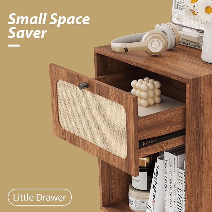 16" Nightstands Set of 2, Mid-Century Vintage Wooden Night Stand with Drawer and Open Shelf, Linen Decor Farmhouse Side Table End Tbale for Bedroom, Dorm, Living Room (Walnut)