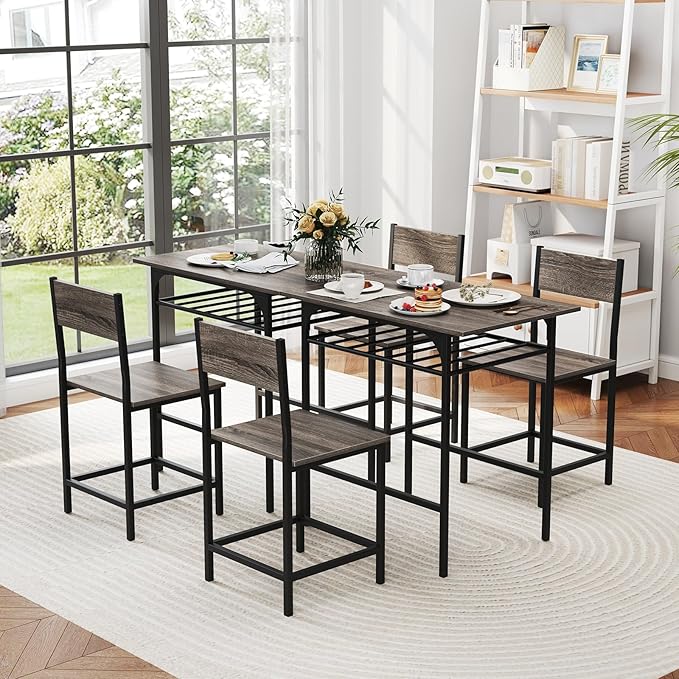 GOFLAME 3-Piece Dining Table Set for 2, Rectangular Wood Kitchen Table & Chair Set with Metal Frame, Storage Rack, Space-Saving Dinette Set for Breakfast Nook, Dining Room, Small Space, Grey