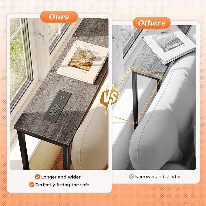 SUPERJARE 102.4 Inch Sofa Table with Power Outlets and USB-C Port, 5.9 Inch Narrow Console Tables, Entryway Hallway Couch Tables with Storage, Behind Sofa, Small Spaces, Living Room, Grey