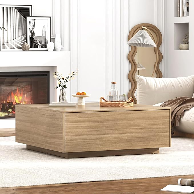 43” Square Coffee Table with Storage, 43" D x 43" W x 17" H Modern Large Square Center Table with 2 Drawers, Wood Coffee Table for Living Room, Light Brown,Bedroom,Light Brown