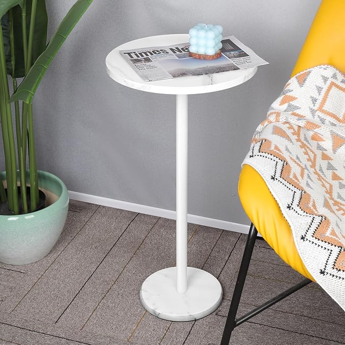 Round End Table with Marble Base Drink Tables for Small Spaces Pedestal Table Small Round Side Table for Sofa Couch Chair Patio, White