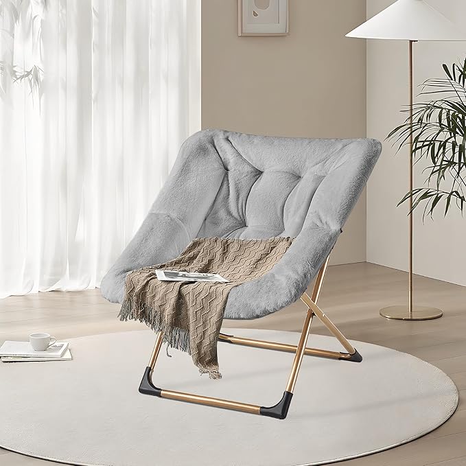 Comfy Oversized Saucer Chair, Soft Faux Fur Reading Lounge Chair for Adults, Stable X-Large Metal Frame and Non-Slip Pad, Foldable Cozy Chairs for Bedroom, Living Room, Dorm, Light Gray