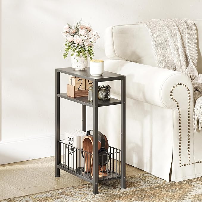 Narrow Side Table with Storage Basket, Small End Table for Small Spaces, Slim Sofa Table for Living Room, 3 Tier Bedside Table for Bedroom, Black