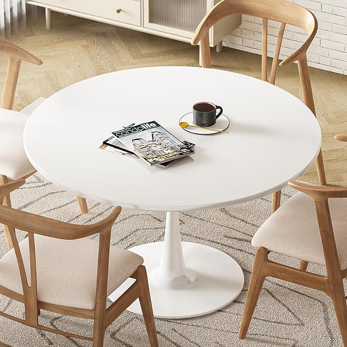 DKLGG White Round Dining Table, 42.1" Tulip Table Kitchen Dining Table 4-6 People with MDF Tabletop & Pedestal Base, Mid-Century End Leisure Coffee Office Living Room Table