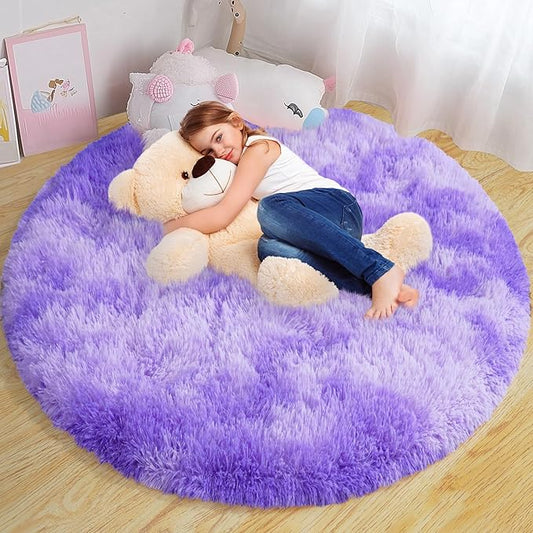 Round Fluffy Rugs 5Ft for Girls Bedroom, Tie-Dyed Purple Shag Circle Kids Rug Non-Slip for Bedside Dorm Nursery Playroom, Soft Cute Area Rugs for Living Room Decor