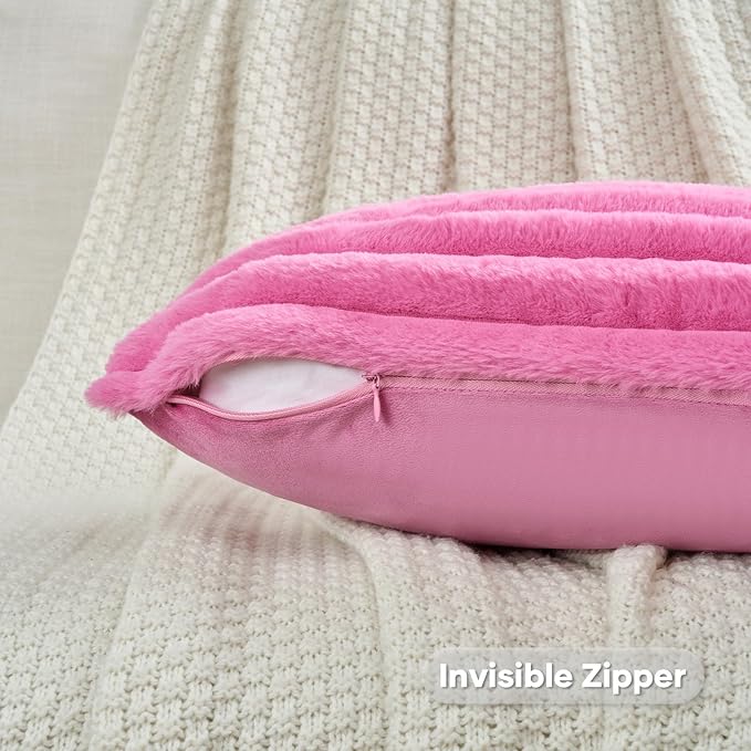 FUTEI Hot Pink Striped Decorative Throw Pillow Covers 12x20 Inch Set of 2,Rectangle Winter Decorations Couch Lumbar Pillowcase,Soft Cozy Faux Rabbit Fur & Velvet Back,Modern Home Decor for Bed