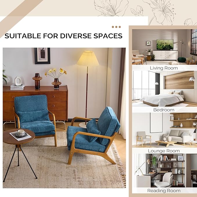 VINGLI Chenille Mid-Century Modern Accent Chair Set of 2, Cute Reading Arm Chair with Cushion & Lumbar Pillow & Solid Wood Frame for Lounge, Living Room, Reading Room, Bedroom, Blue