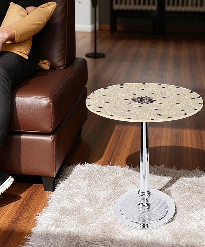 CLEENTABLE Mosaic Round End Table - Modern Coffee Accent Table with Artistic Top, Electroplated Silver Legs - Lightweight, Durable, Easy Assembly 15 x 21 Inches (Ivory Silver)
