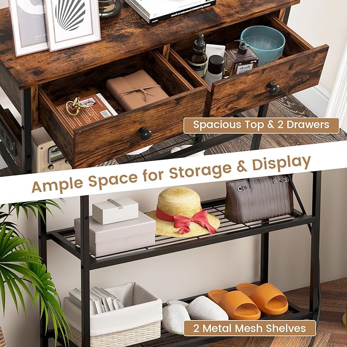 GOFLAME Console Table with Power Outlet, Narrow Entry Table with Drawers, 2 AC Outlets & 2 USB Ports, Sofa Table for Living Room Behind Couch, Living Room, Foyer, Brown