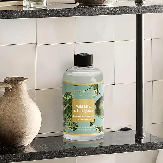 Cocorrína Reed Diffuser Refill Wild Mint & Eucalyptus 17oz (500ml) with 8 Sticks - Premium Long-Lasting Scented Oil, Home Fragrance for Bedroom, Bathroom Home Decor