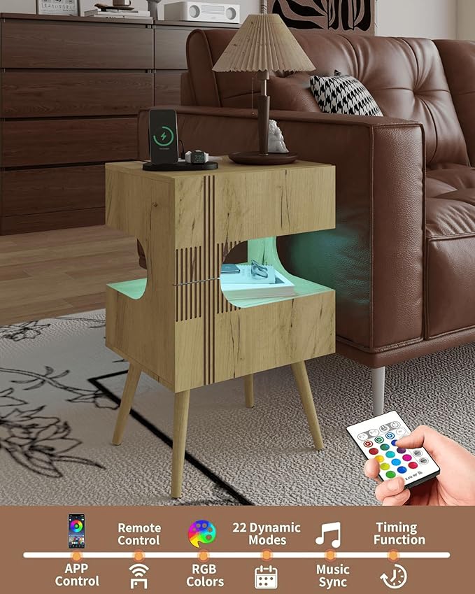 Nightstand with Charging Station and LED Lights,Modern Bedside Table with 2 Storage Drawer,Night Stand with Solid Wood Legs,White (Oak)