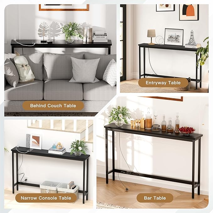 35'' High Behind Couch Table, Narrow Console Table with Outlet, Sofa Table for Entryway Hallway, Living Room, Black