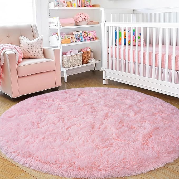 4'x4' Round Pink Rugs for Girls Bedroom, Ultra Soft Fluffy Circle Rug for Kids Room, Cute Shag Rugs for Living Room Playroom Tent Castle Home Decor Rug