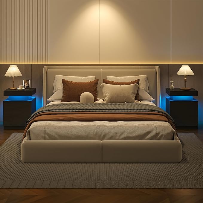 oneinmil LED Nightstands Set of 2, Night Stand with Storage Cabinet for Bedroom, Bedside Table with LED Lights, Modern End Side Table, Black