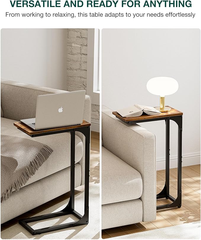 C-Shaped Side Table for Couch - Small Coffee Stand Sofa Tray Desk with Sturdy Metal Frame and Waterproof Scratch Resistant Wood Surface, Rustic Brown