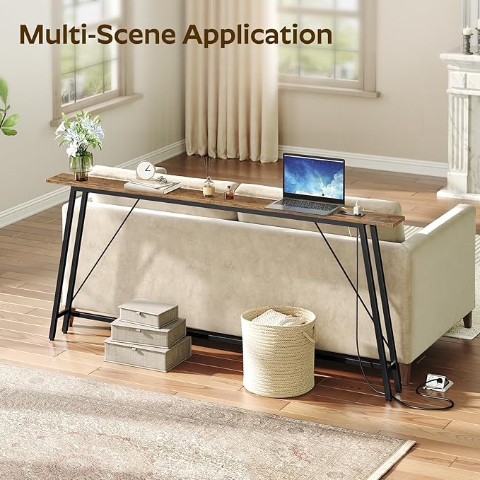 70.9" Couch Table Behind Sofa, Narrow Console Table with Outlet, Skinny Sofa Tables Narrow Long, Long Entryway Tables for Hallway, Entryway, Living Room, Rustic Brown and Black CT185UBR