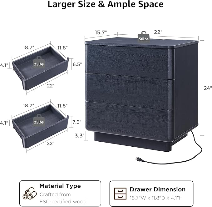 JXQTLINGMU 22" Modern Nightstand Set of 2 with Charging Station, Large Push-to-Open End Table, Wood Bedside Table, Curved Profile, Handleless 3 Drawer Night Stand for Bedroom, Living Room, Black