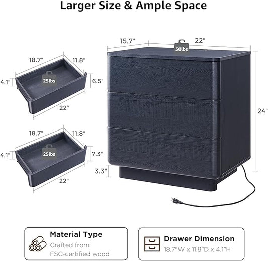 JXQTLINGMU 22" Modern Nightstand with Charging Station, Large Push-to-Open End Table, Wood Bedside Table w/Curved Profile Design, Handleless 3 Drawer Night Stand for Bedroom, Living Room, Black