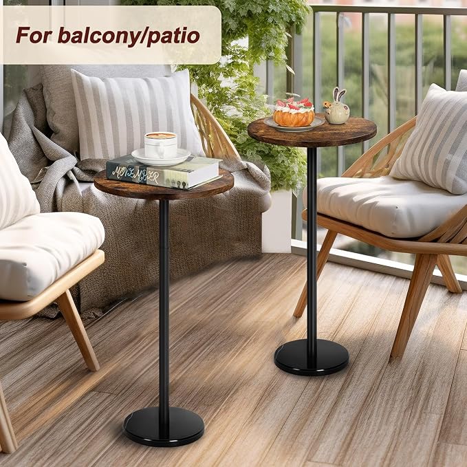 smusei Set of 2 Small Side Table for Small Spaces 2 Packs Drink Table Round Pedestal Side Tables with Marble Base for Sofa Couch Chair Patio, Brown and Black