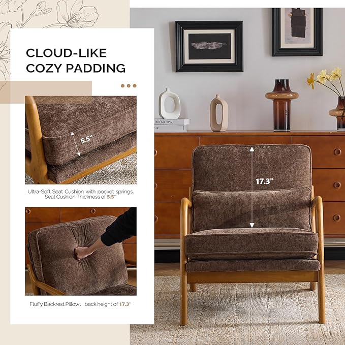 VINGLI Chenille Mid-Century Modern Accent Chair, Cute Reading Arm Chair with Cushion & Lumbar Pillow & Solid Wood Frame for Lounge, Living Room, Reading Room, Bedroom, Espresso