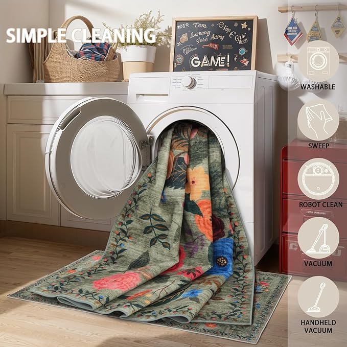 Floral Rug for Entryway, Green 2X3 Washable Kitchen Mat Ultra-Thin Soft, Non-Slip Indoor Door Carpet Stain Resistant Boho Small Low-Pile Throw for Bathroom Bedroom (2 x 3, Green Lawn)