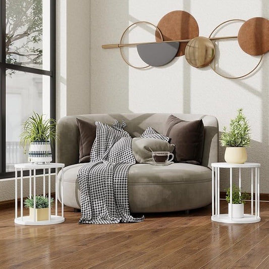 Plant Stand Indoor,small plant stool,Flower Pot Corner stand holder,Mid Century Heavy Duty Metal Tall Home Decor,Modern Round End Table,Small Rustic Display Stand for Living Room,Bedroom(White,2 Packs)