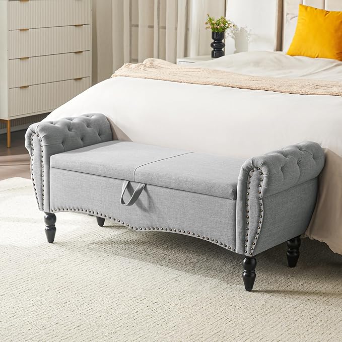 Furniliving 51.75" Storage Ottoman Bench for Living Room, Modern Bedroom Benches with Rolled Arm Upholstered End of Bed Bench Shoe Storage Indoor Bench with Wood Legs Entryway Bench, Grey, Linen