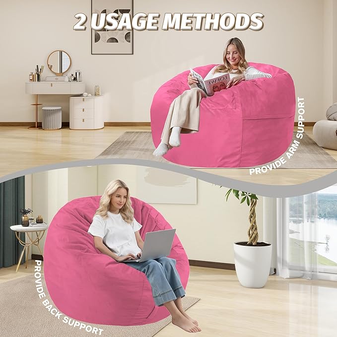 3FT Bean Bag Chair with Ultra Soft Velvet Cover Bean Bag Sofa with Memory Foam Bean Bag Chairs with Large Size Lazy Sofa for Dorm Office Living Room Bedroom Hot Pink 3'