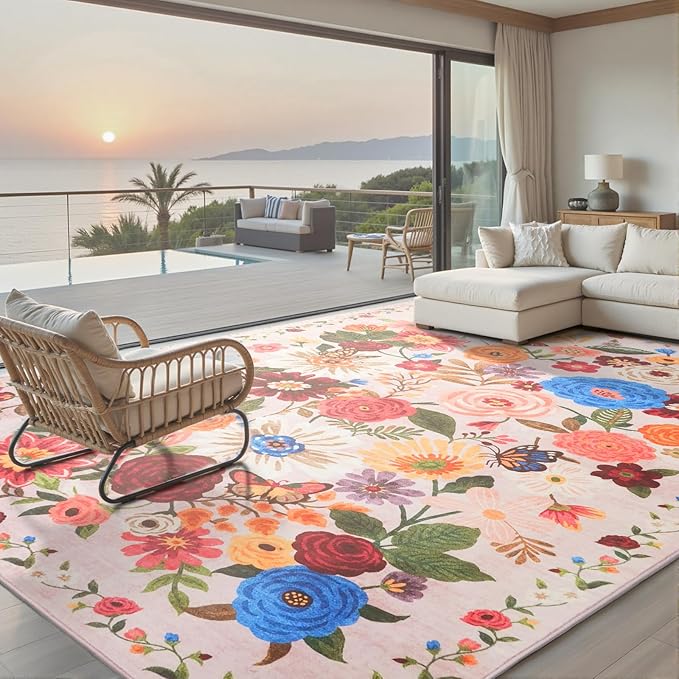 Area Rugs 10x14 Living Room, Non Slip Machine Washable Floral Rugs, Low Pile Lightweight Large Rug for Bedroom, Dining Room, Home Office(Beige/Pink Garden, 10 x 14)