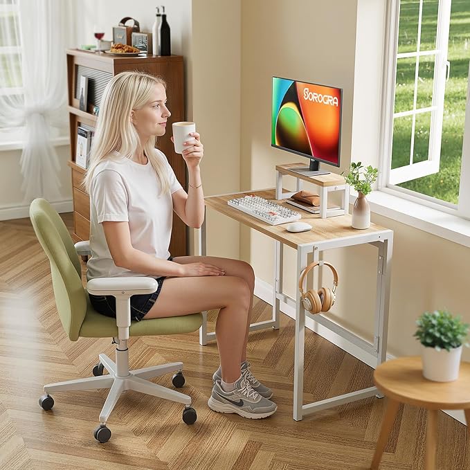 Folding Desk with Monitor Stand, 31.5 Inch Foldable Computer Desk with Hook, Sturdy Small Space Saving Writing Table for Home Office Dorm, Oak