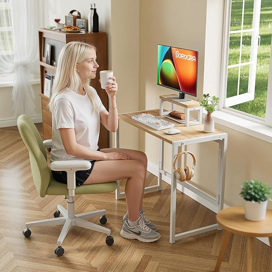 Folding Desk with Monitor Stand, 31.5 Inch Foldable Computer Desk with Hook, Sturdy Small Space Saving Writing Table for Home Office Dorm, Oak