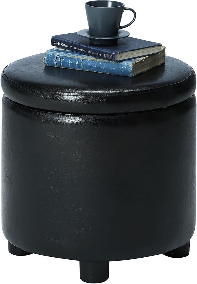 Convenience Concepts Designs4Comfort Round Accent Storage Ottoman in Black Faux Leather Fabric