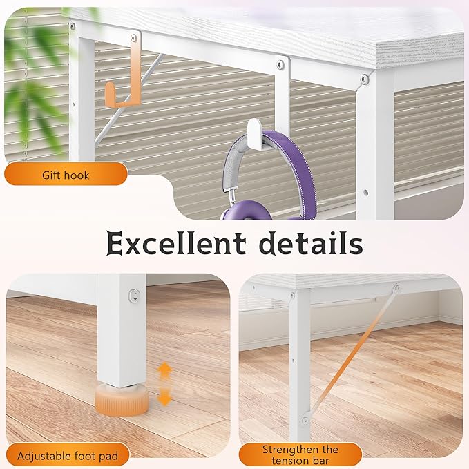 Computer Desk with Printer Shelf & Storage Shelves,56 Inch Gaming Desk with LED Lights & Power Outlet,Office Desk with Headphone Hook,Reversible Corner Desk for Small Space,White