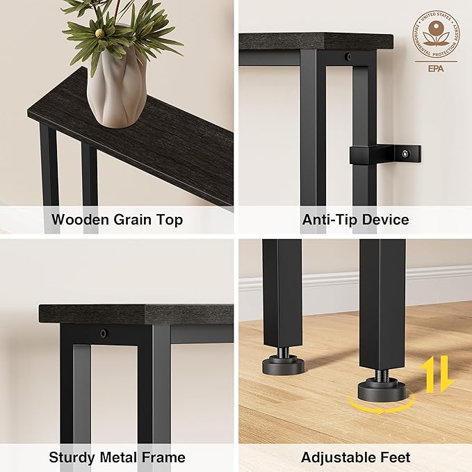63" Sofa Table Narrow Long - 2 Power Outlets & 4 USB Ports, Metal Frame,Behind Couch Table Behind Sofa for Living Room, Hallway, Entrance- Easy Assembly, 4.9' Extension Cord Included.