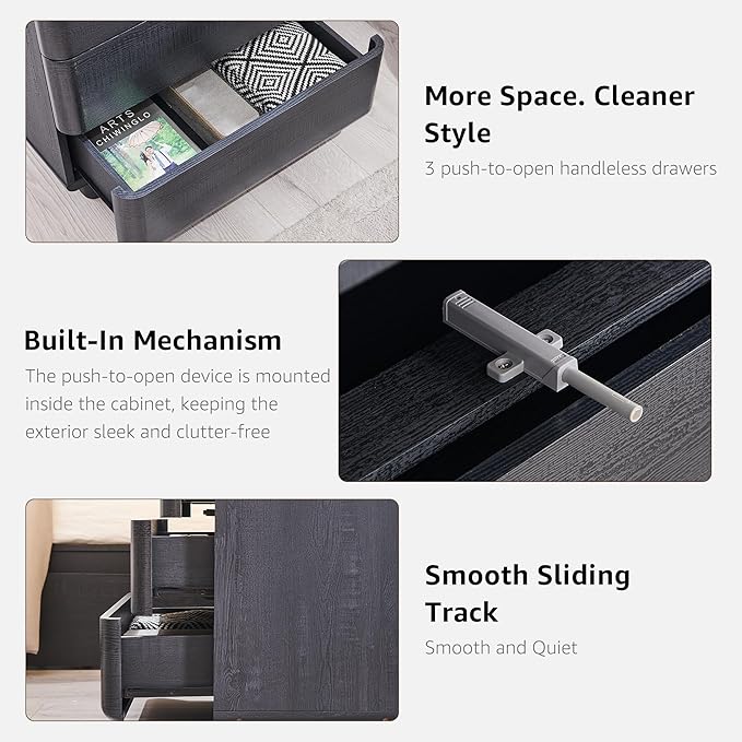 JXQTLINGMU 22" Modern Nightstand with Charging Station, Large Push-to-Open End Table, Wood Bedside Table w/Curved Profile Design, Handleless 3 Drawer Night Stand for Bedroom, Living Room, Black