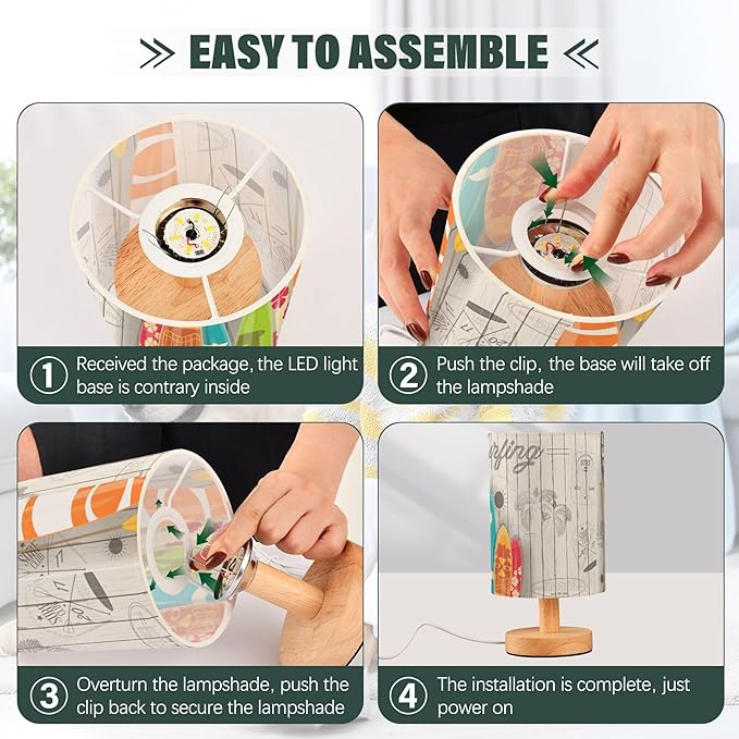 Table Lamp Colorful Surfboard Palm Tree Vintage White Wooden Summer Surfing Nightstand Lamp with Wood Base Fabric Lamp Shade Bedside Desk Lamp for Living Room Bedroom Kids Room Office