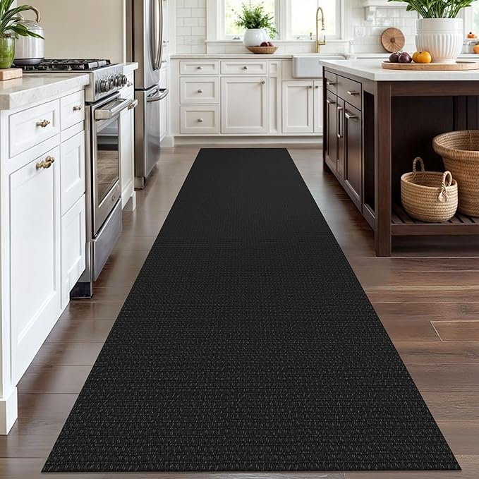 IOHOUZE Washable Runner Rug 3x12 Non Slip Rubber Backed Extra Long Hallway Runner Entryway Runner Indoor, Kitchen Rugs Woven Cotton Floor Carpet for Hall Entrance Stair, Black/Grey