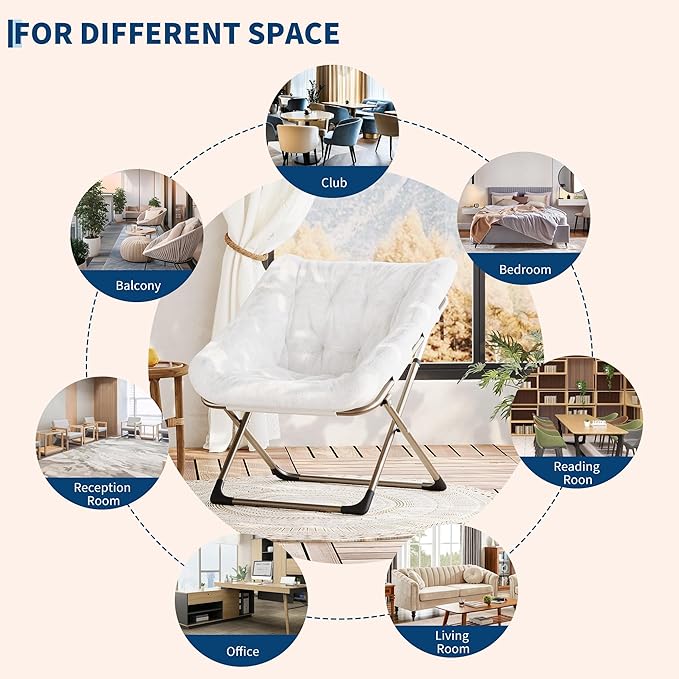 Folding Saucer Chair for Adults, Comfortable Living Room Lounge Chair with Soft Faux Fur Cushion, No Assembly Required, Foldable Accent Furniture for Apartments/Dorms/Bedrooms, White