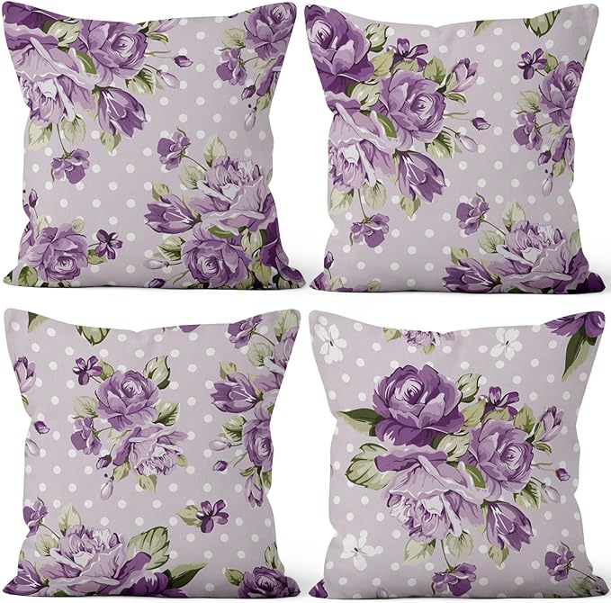 Purple Flower Throw Pillow Covers 22"x22" Set of 4, Vintage Floral Sofa Cushion Cover for Chair Couch Bed Living Room Office Car Garden Patio Farmhouse Indoor Outdoor Decorative