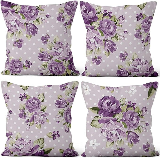Purple Flower Throw Pillow Covers 22"x22" Set of 4, Vintage Floral Sofa Cushion Cover for Chair Couch Bed Living Room Office Car Garden Patio Farmhouse Indoor Outdoor Decorative