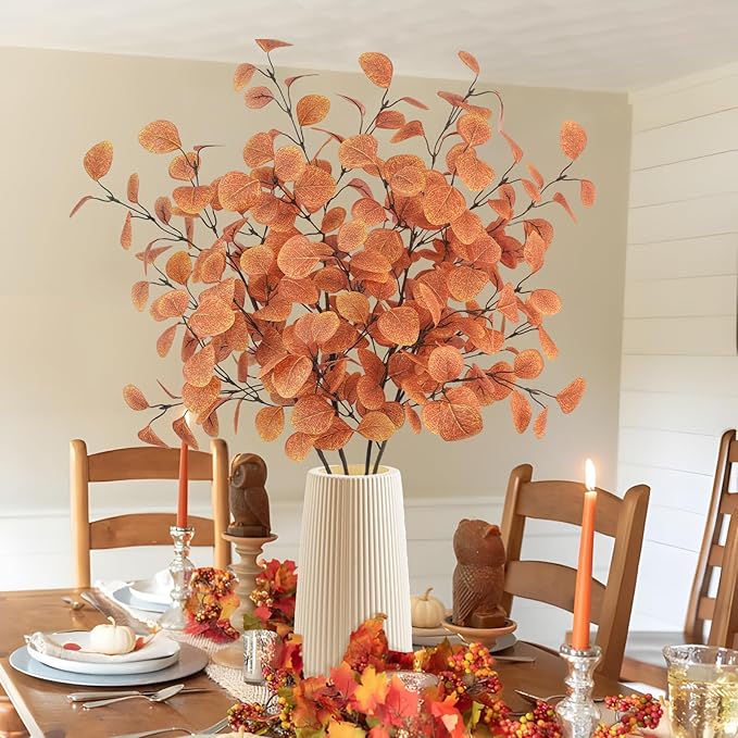 16Pcs Artificial Eucalyptus Leaves Stems 33.8‘’ Eucalyptus Branches Fake Poinsettia Flowers Faux Plants for Home Table Fireplace Party Wedding Thanksgiving Décor