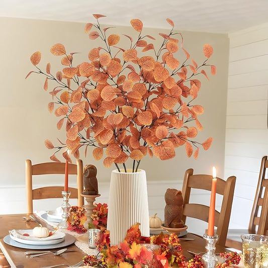 16Pcs Artificial Eucalyptus Leaves Stems 33.8‘’ Eucalyptus Branches Fake Poinsettia Flowers Faux Plants for Home Table Fireplace Party Wedding Thanksgiving Décor