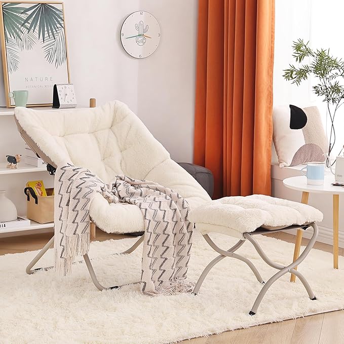 Saucer Chair with Ottoman, Oversized Dorm Chairs, X-Large Faux Fur Folding Chair, Foldable Metal Frame Chair for Bedroom, Living Room (Beige)